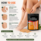 Varicose veins care paste packaging with application instructions and a person using the product.