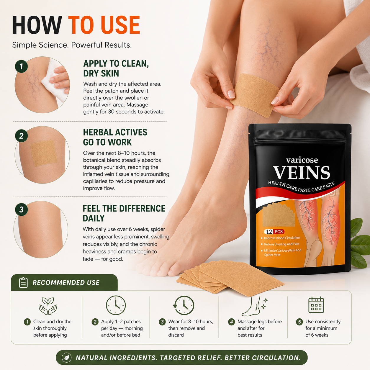 Varicose veins care paste packaging with application instructions and a person using the product.