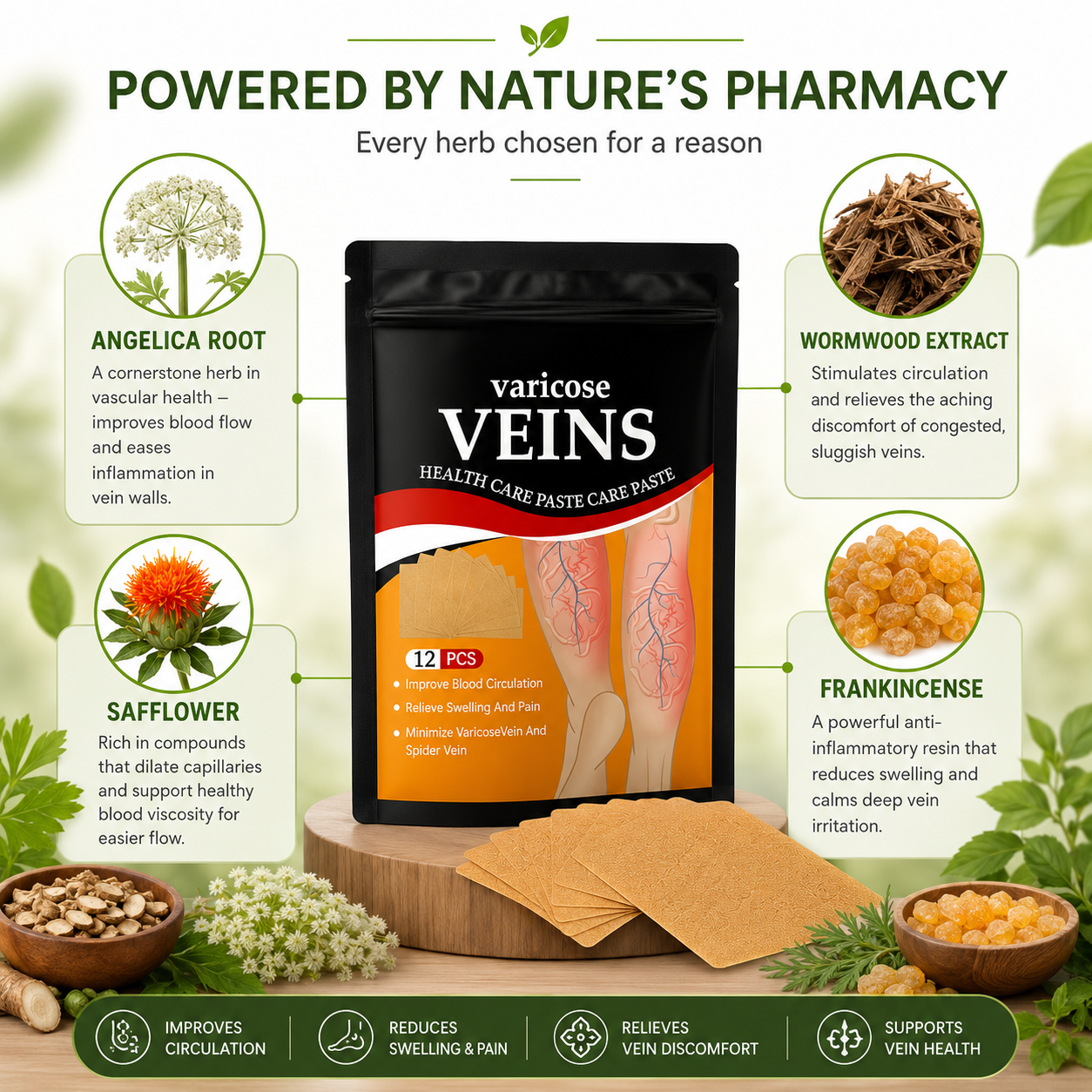 Varicose Veins Relief Patches | Herbal Treatment Pads for Pain Relief & Circulation Improvement (12 PCS)